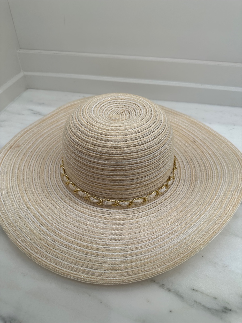 Milani Cream Wide-Brim Straw Sun Hat with Gold Chain. Like new